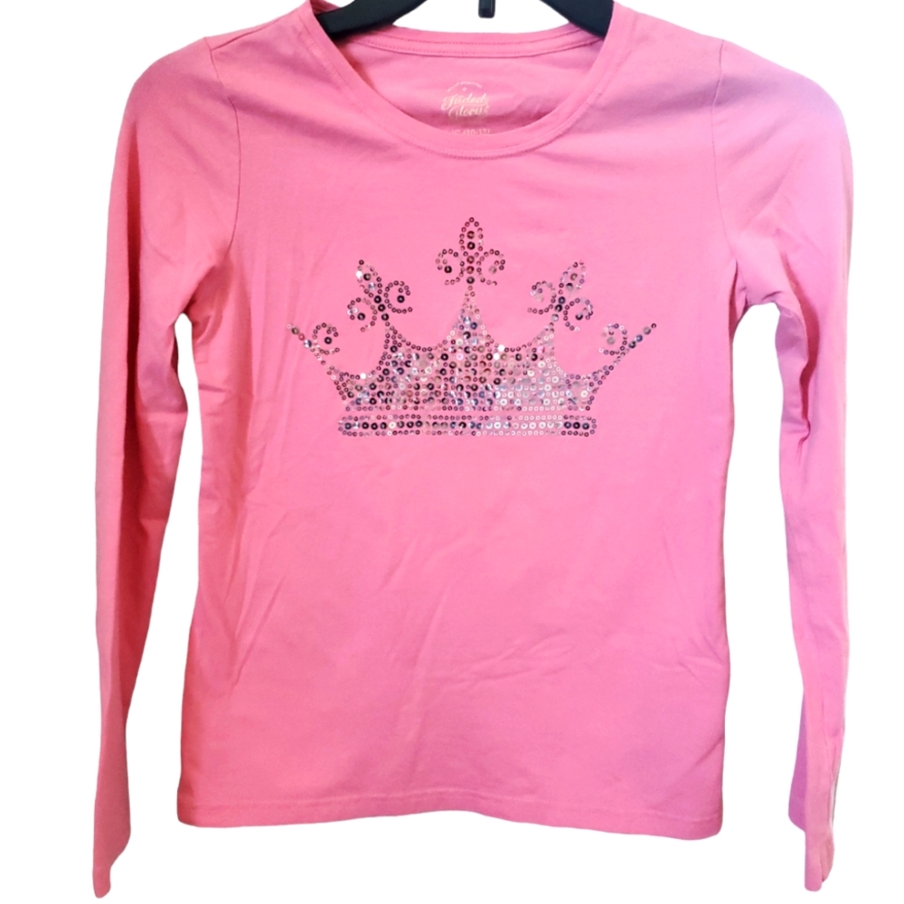 Faded Glory pink long sleeve shirt‎ with silver sequined crown, Large (10-12)